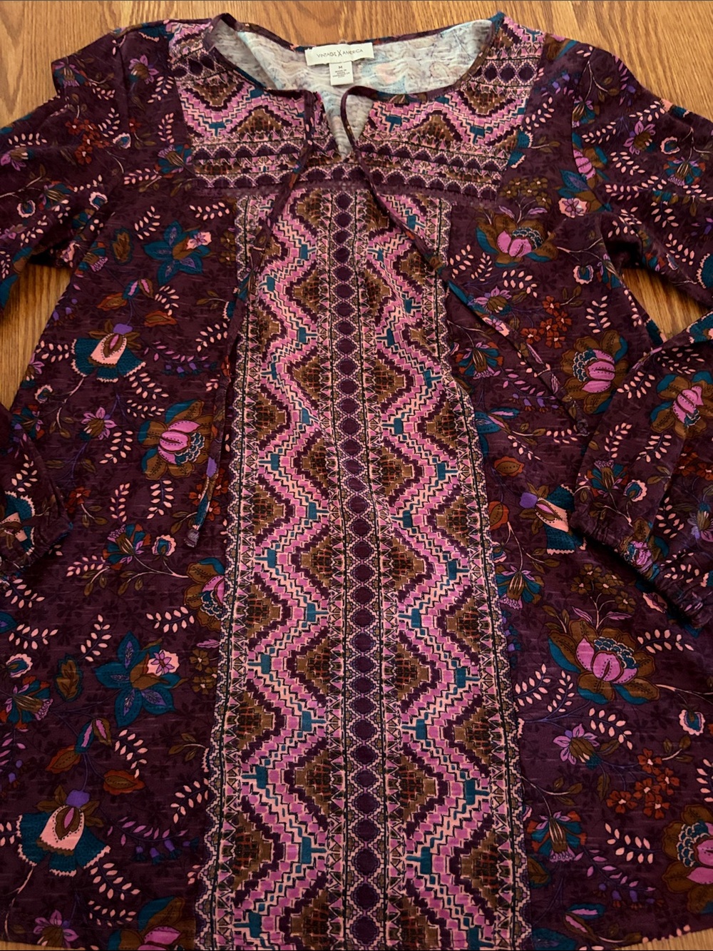 Vintage America Purple Floral Dress with Pink Embroidery